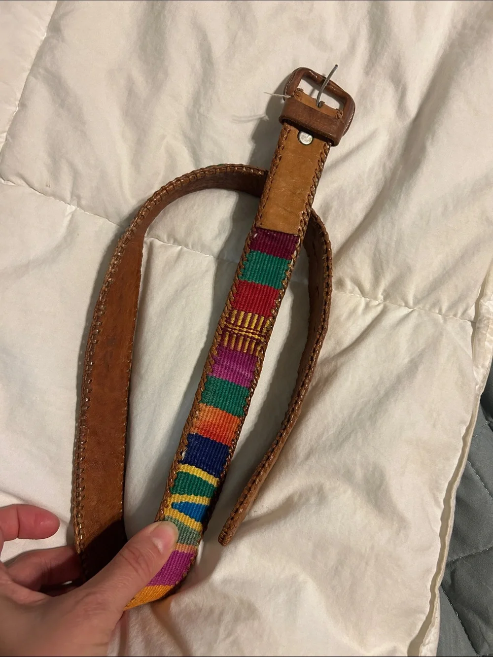 Vintage Mexico brown Leather Belt with Multicolor Woven Accent